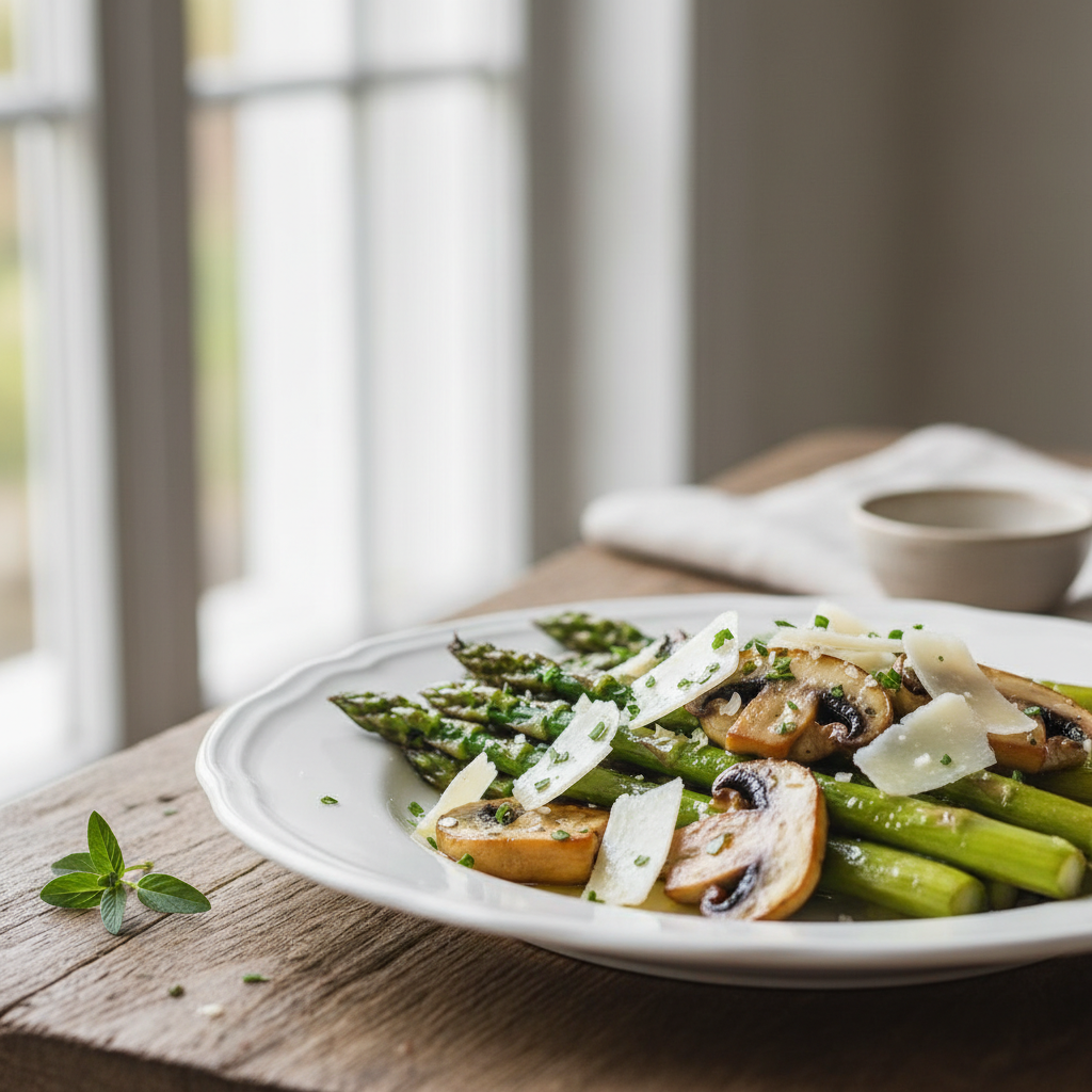 Asperges et champignons à l'ail et au parmesan