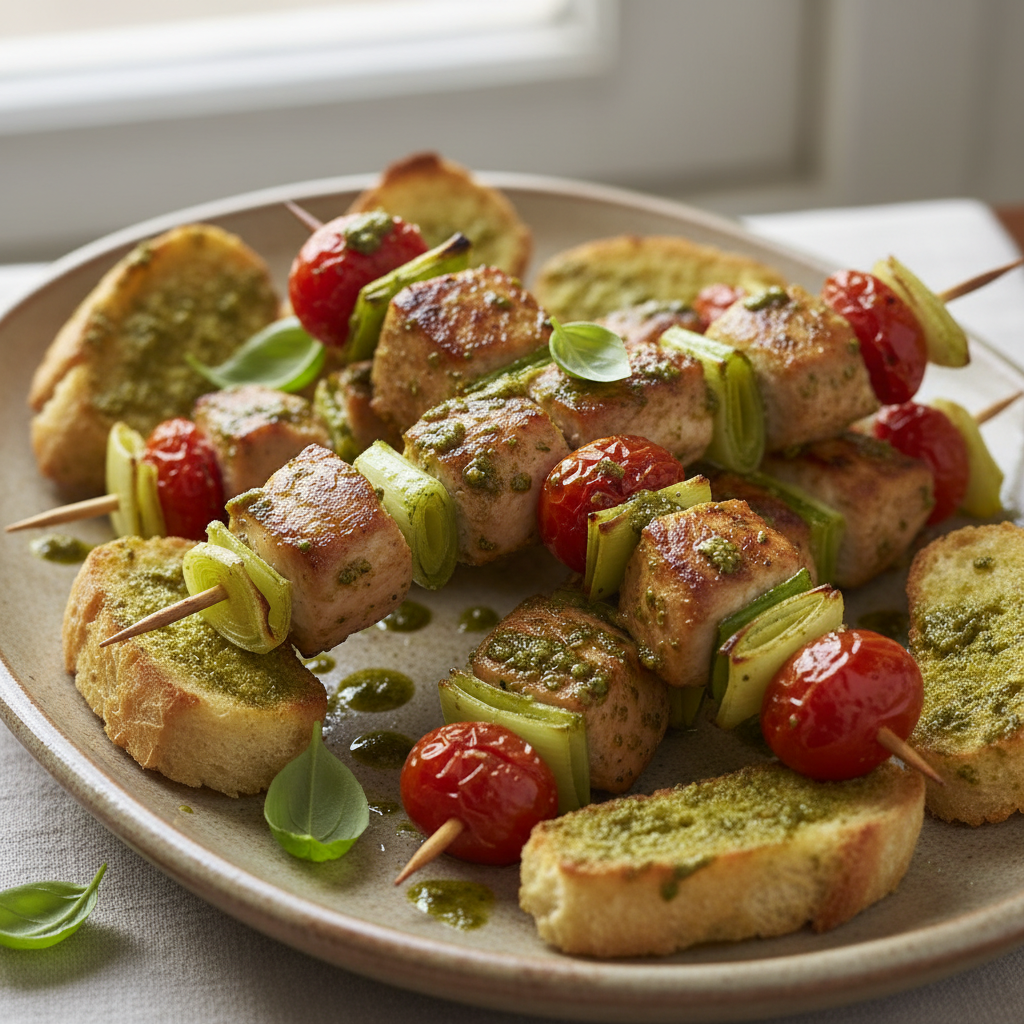 Brochettes de poulet au pesto et croûtons