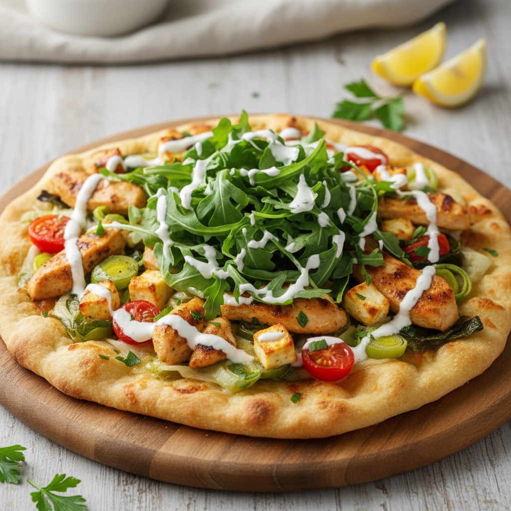 Pizza au poulet, aux poireaux et à la roquette