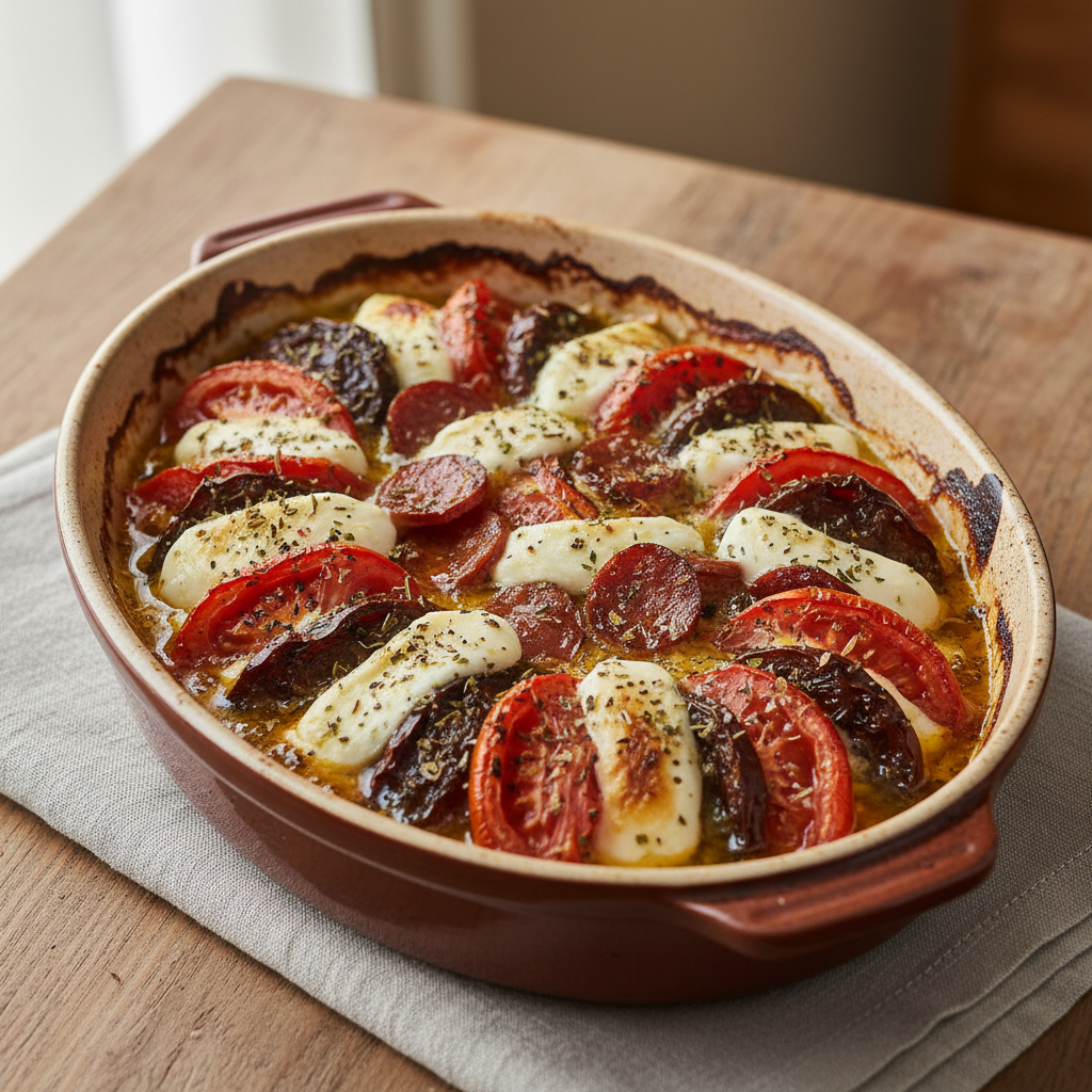 Tian à la tomate, chorizo & mozzarella
