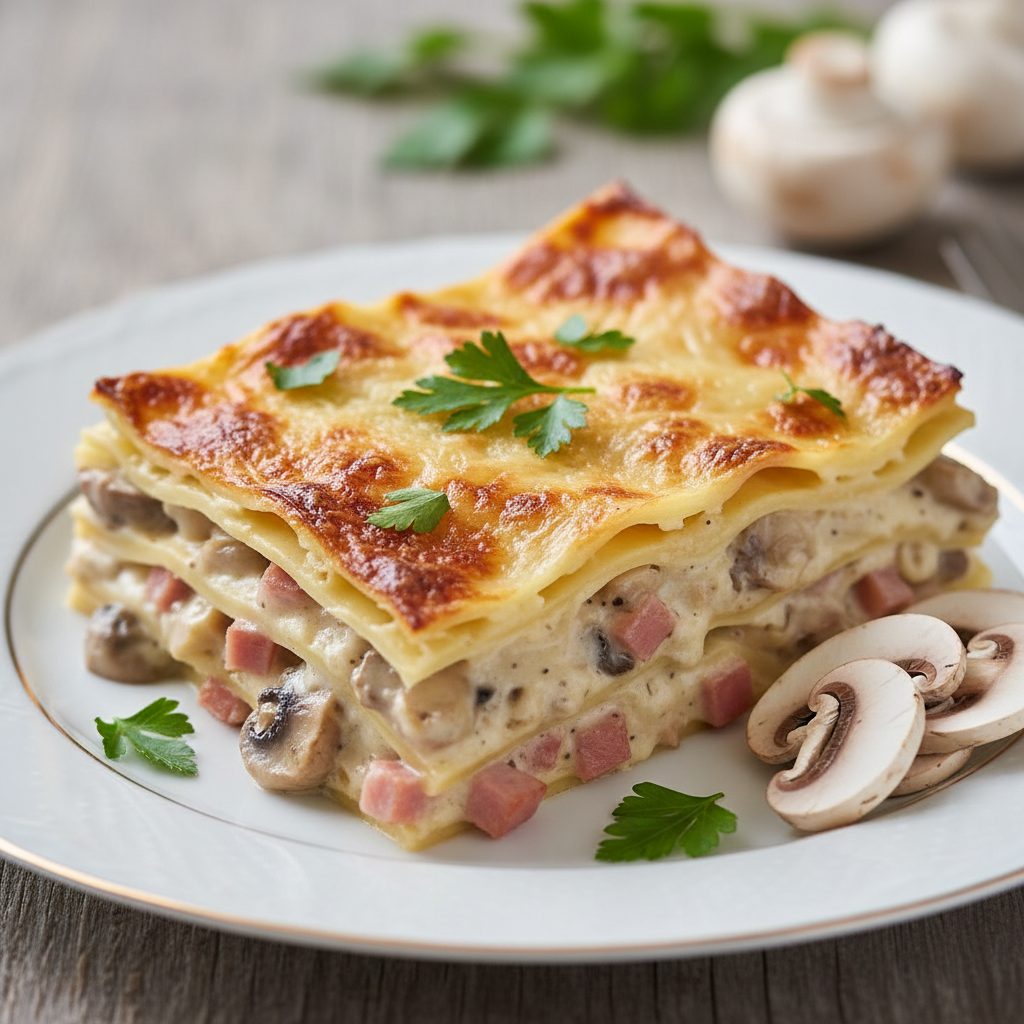 Lasagnes aux champignons, jambon & béchamel