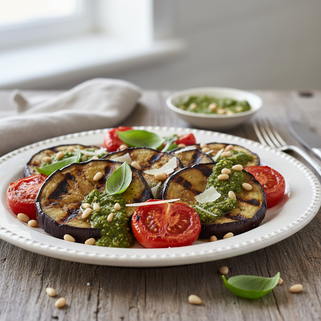 Aubergines et tomates grillées, sauce au pesto