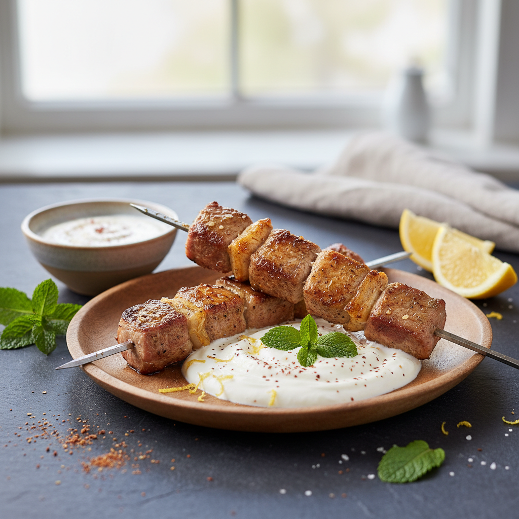Brochettes d’agneau marinées, sauce au yaourt