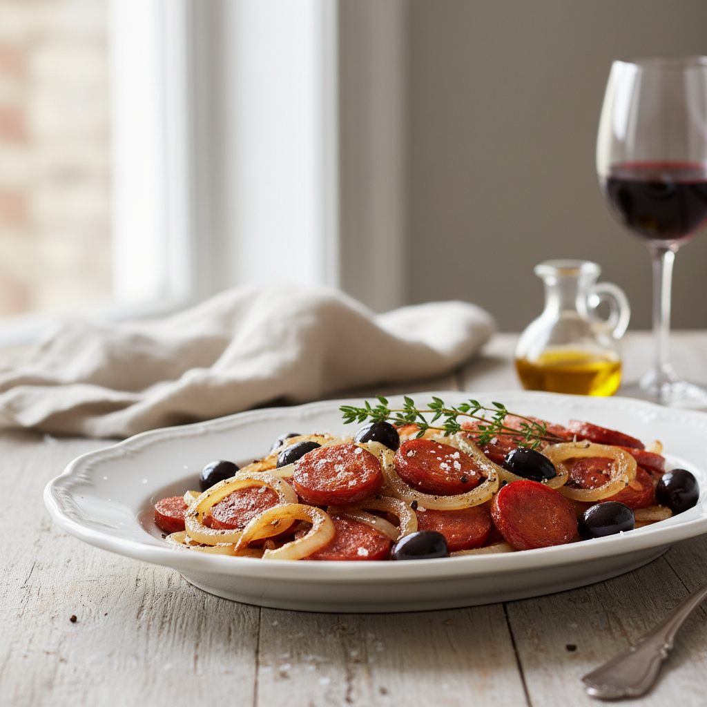 Chorizo et oignons frits aux olives