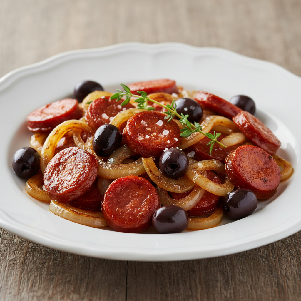 Chorizo et oignons frits aux olives