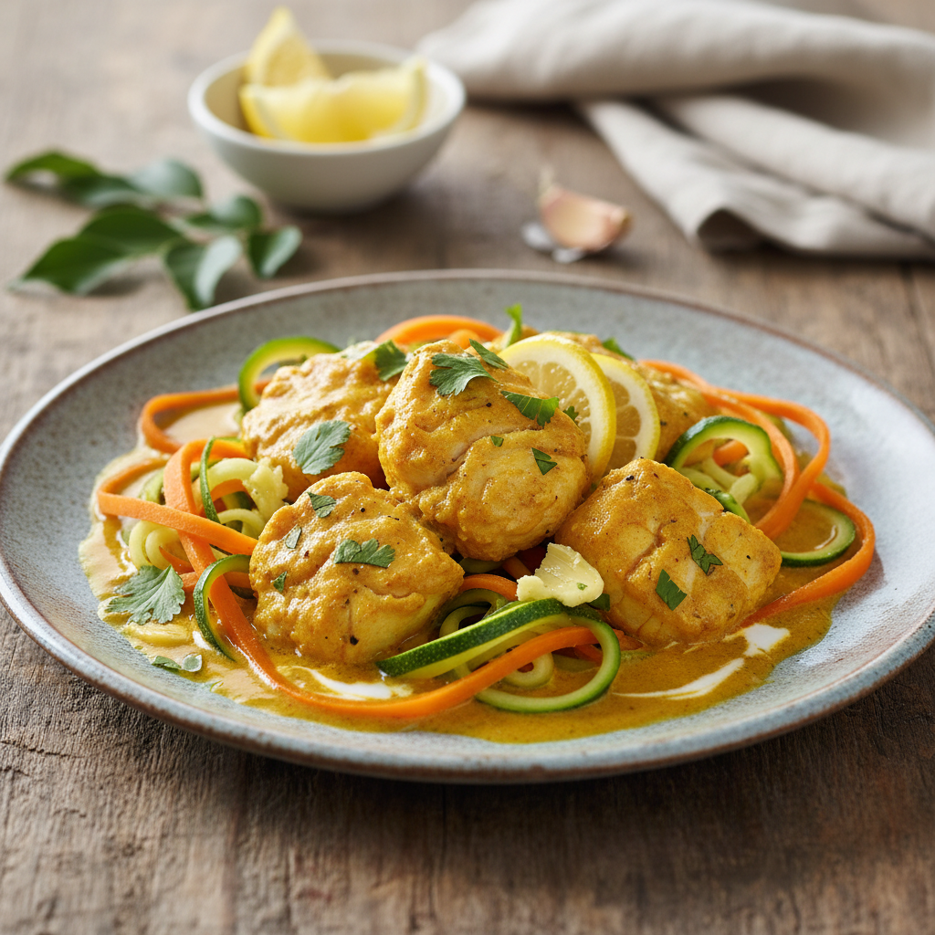 Curry de lotte et tagliatelles de légumes