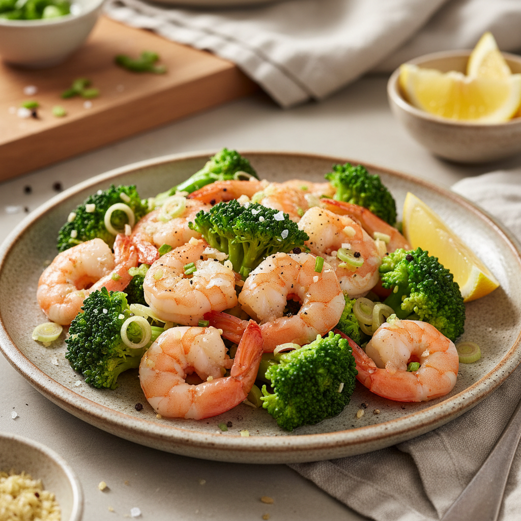 Fleurs de brocolis aux crevettes