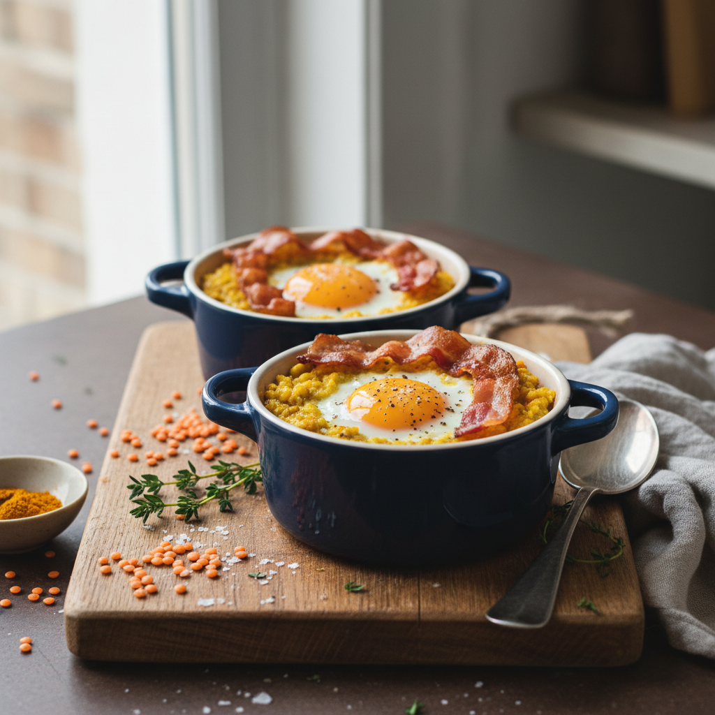 Oeufs cocotte aux lentilles corail et bacon