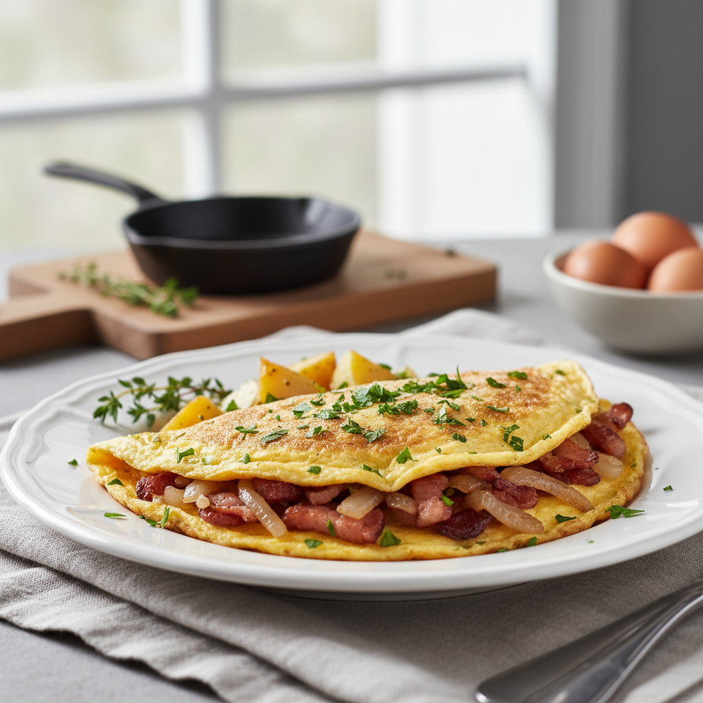 Omelette aux lardons et aux oignons en persillade