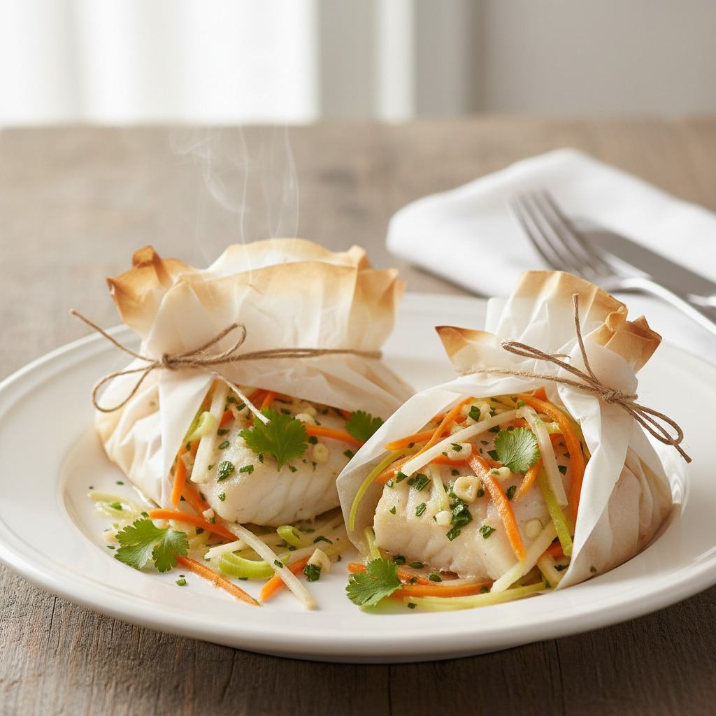 Papillotes de cabillaud et julienne de légumes