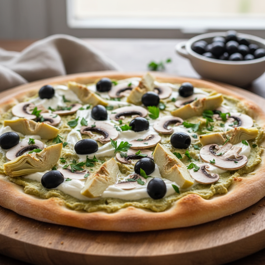 Pizza aux artichauts, champignons et olives