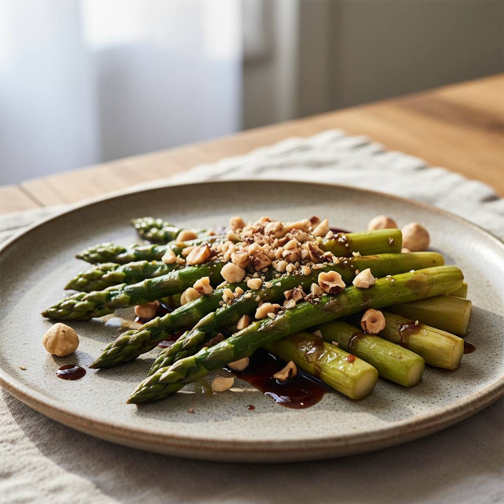 Poêlée d’asperges au vinaigre et aux noisettes