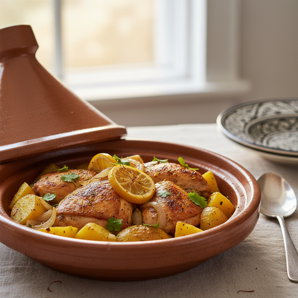 Tajine de poulet au citron confit et aux pommes de terre