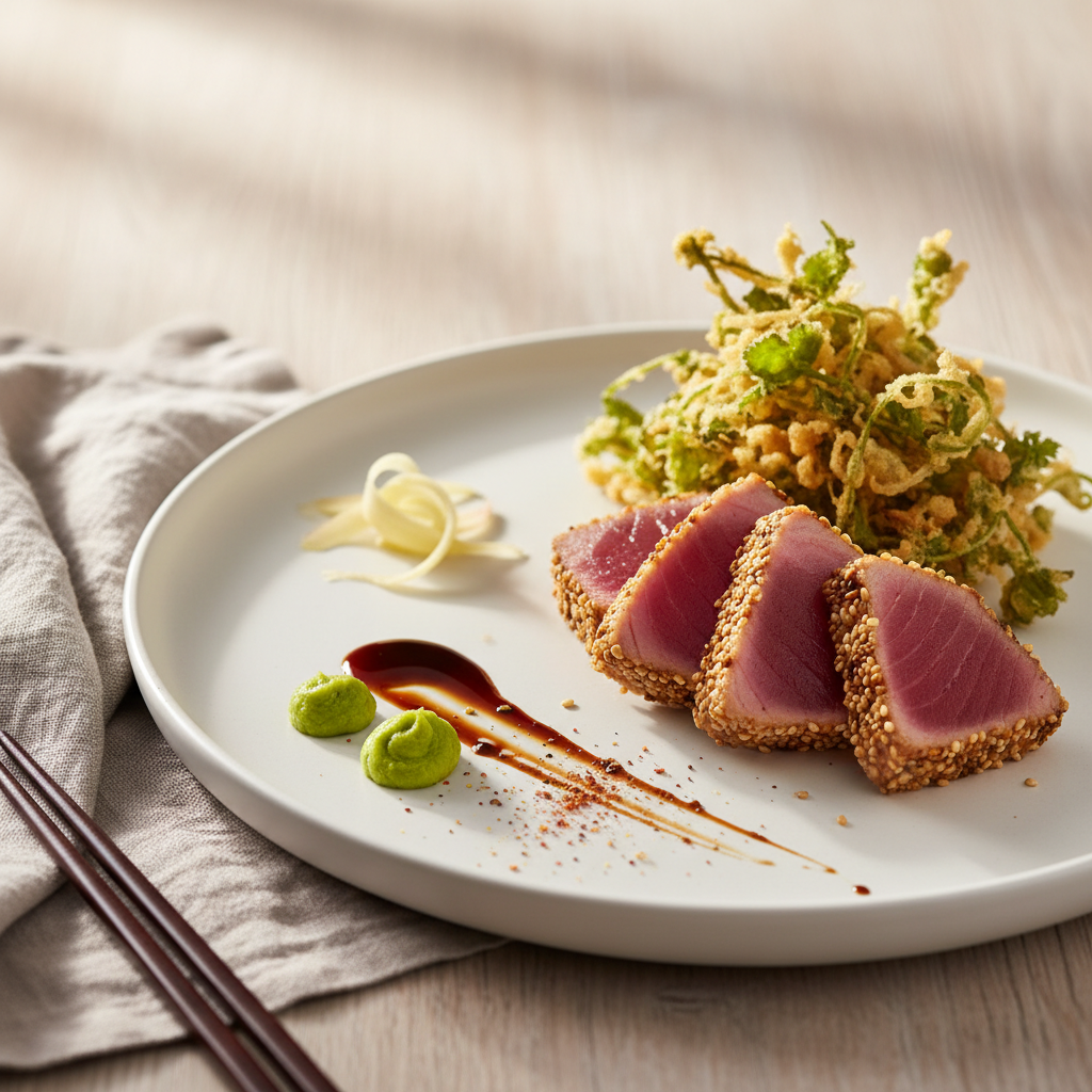 Thon mi-cuit au sésame et tempura de coriandre