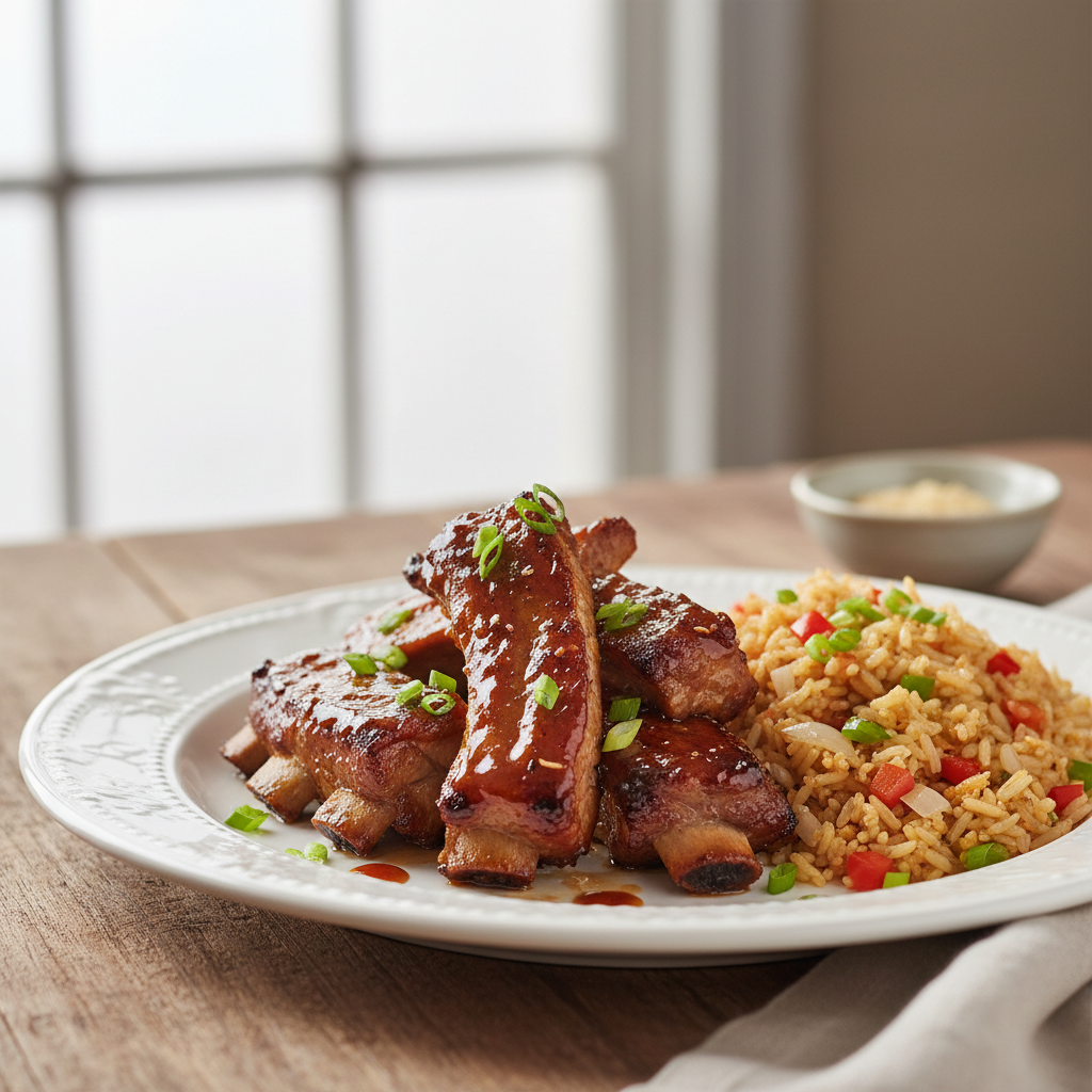 Travers de porc laqués et riz sauté