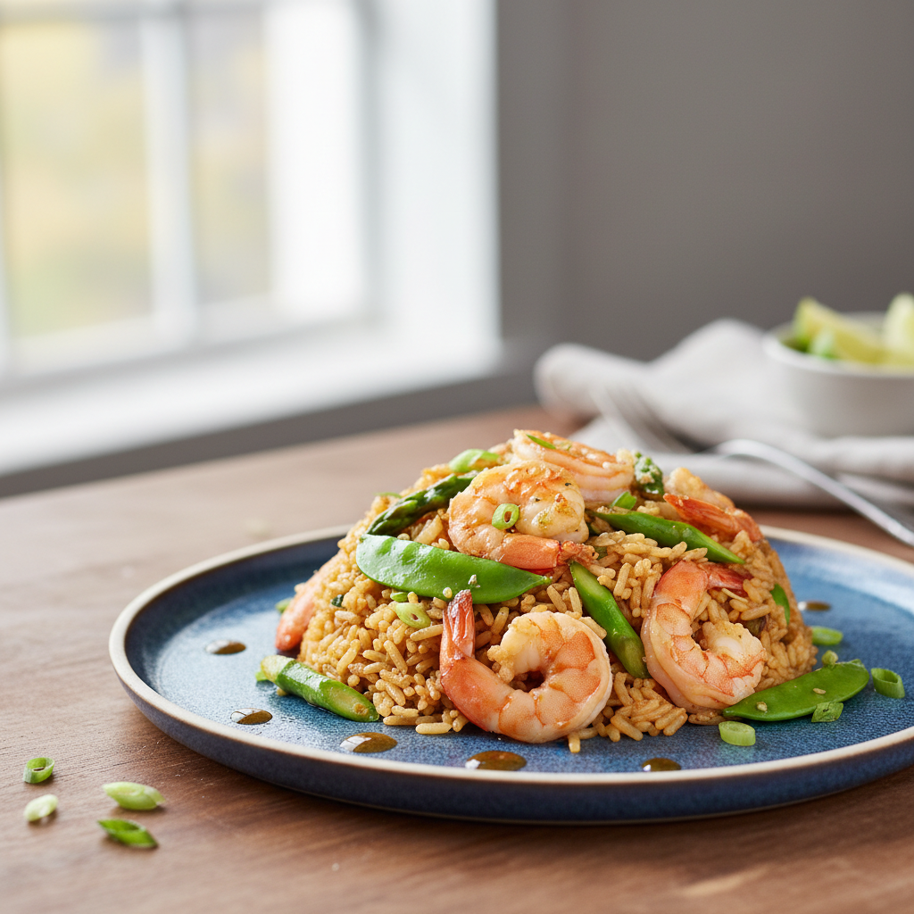 Wok de riz aux légumes verts et aux crevettes