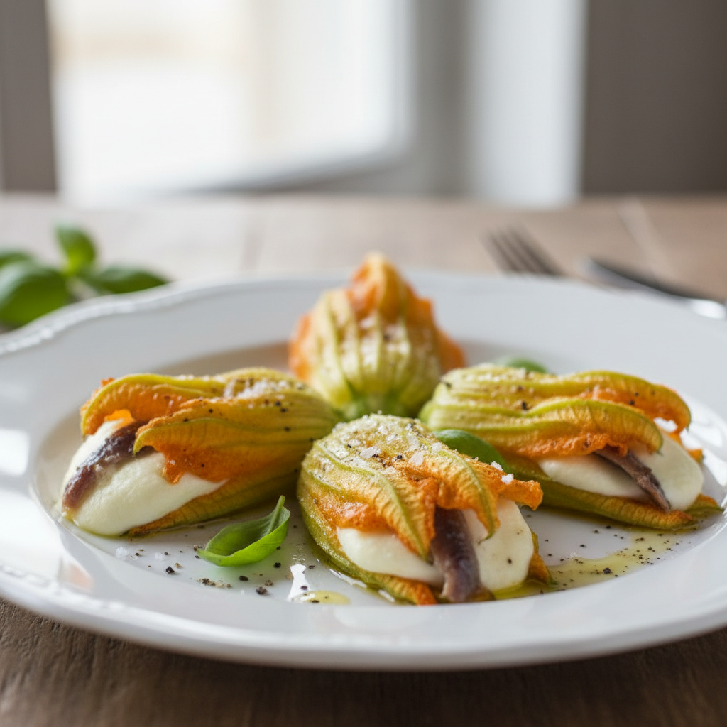 Fleurs de courgette rôties, anchois, mozza Airfryer