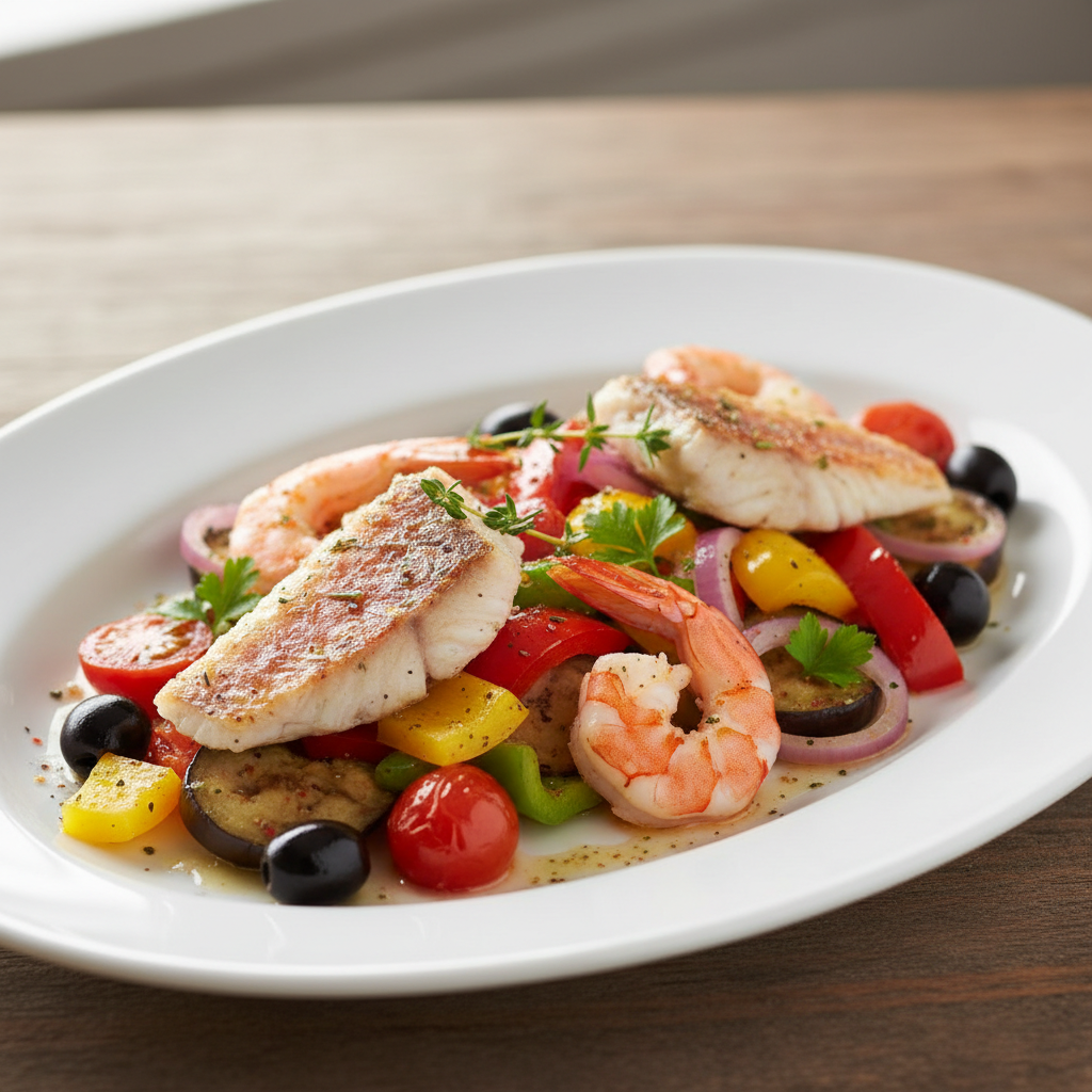Rouget et crevettes à la poêle