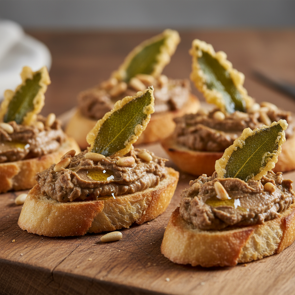 Crostini à la crème de foies de volaille, Vin Santo et tempura de sauge