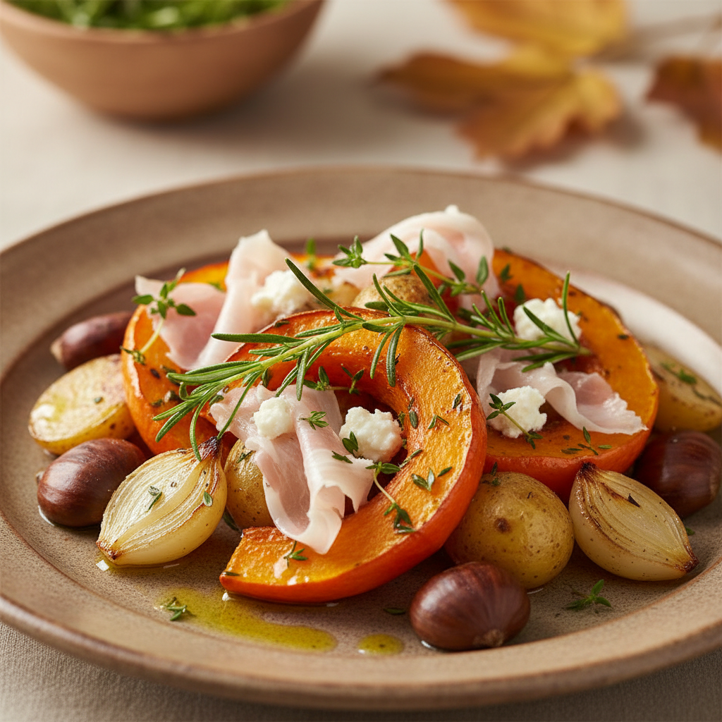 Légumes d'automne rôtis au four, au lard de Colonnata