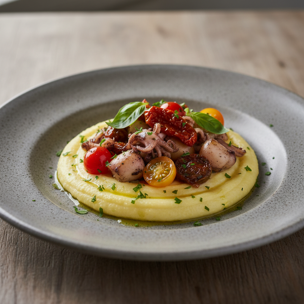 Polenta aux chipirons et petites tomates