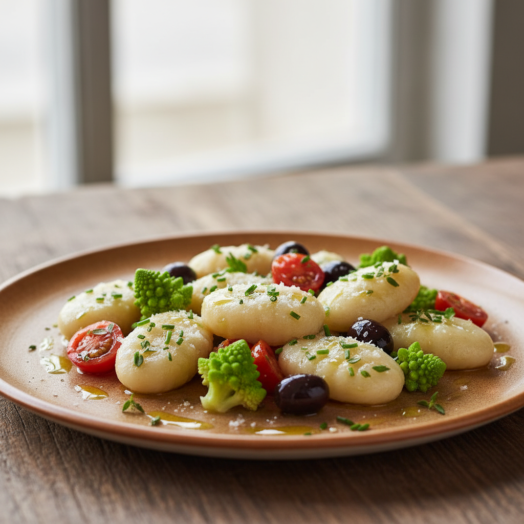 Gnocchis de seiche, chou romanesco et olives taggiasches