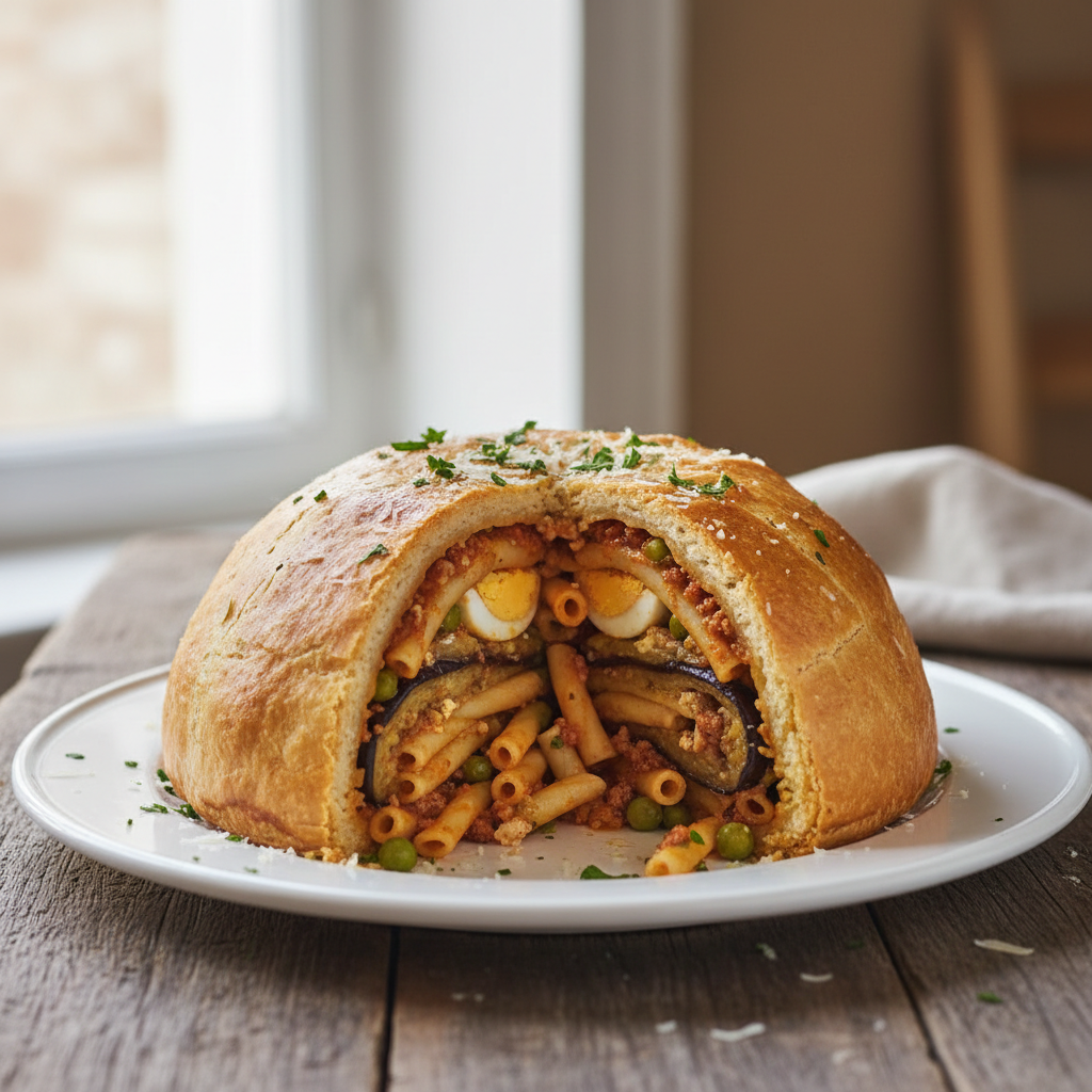 Timbale du prince de Lampedusa : pâtes farcies en croûte de pâte brisée levée