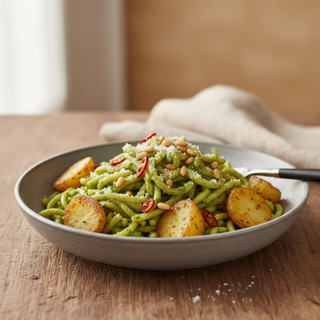 Trofie au pesto de basilic, pignons et petites pommes de terre croquantes