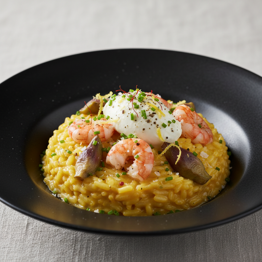 Risotto aux artichauts, écrevisses et stracciatella