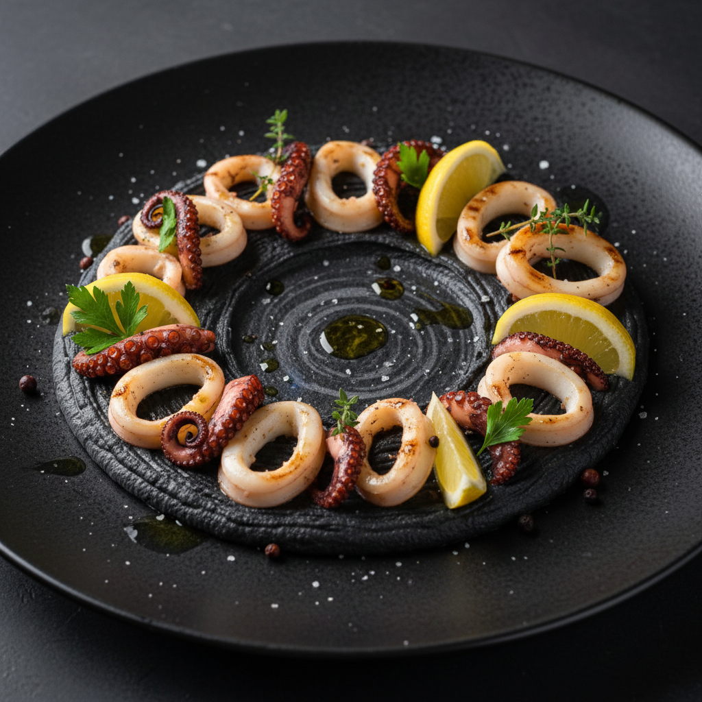 Calamars grillés, purée à l’encre de seiche