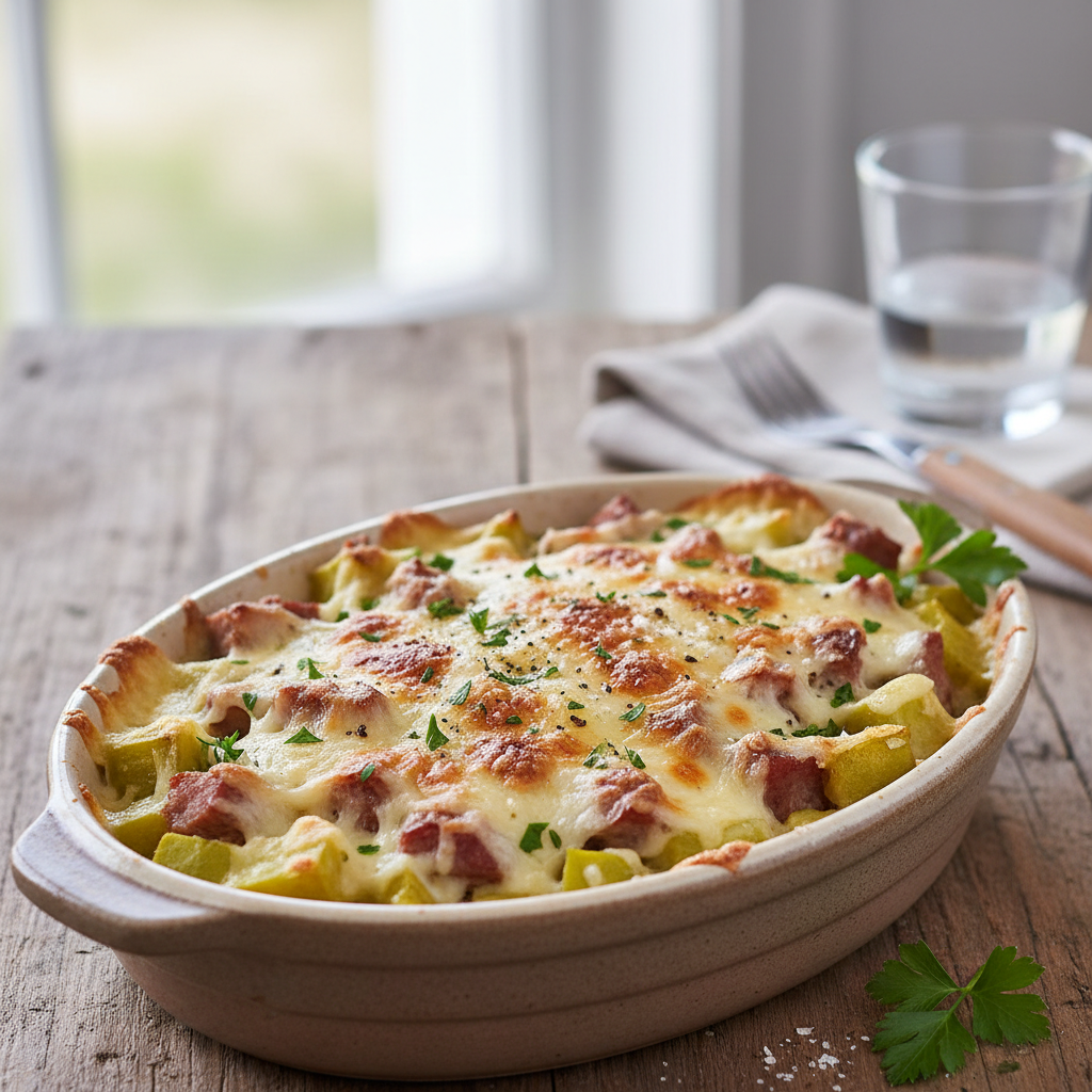Gratin de fruit à pain au rôtis de porc