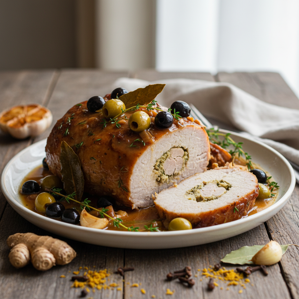 Rôti de porc aux olives et à la bière