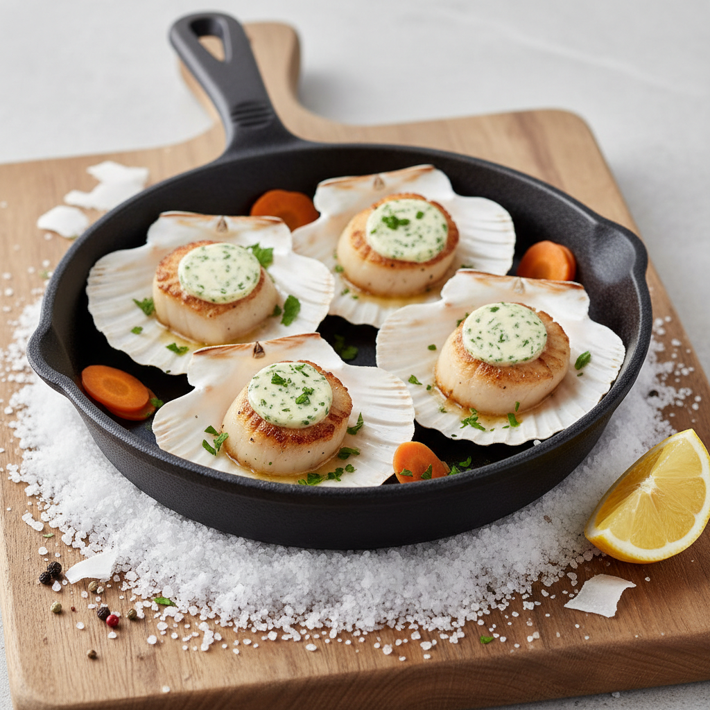 Noix de Saint-Jacques en coquille, beurre maître d’hôtel