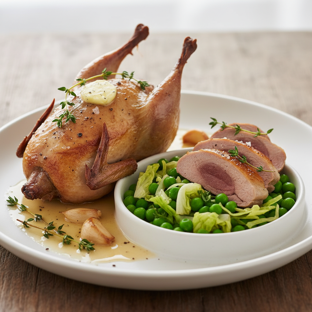 Pigeonneaux au four, petits pois à la française