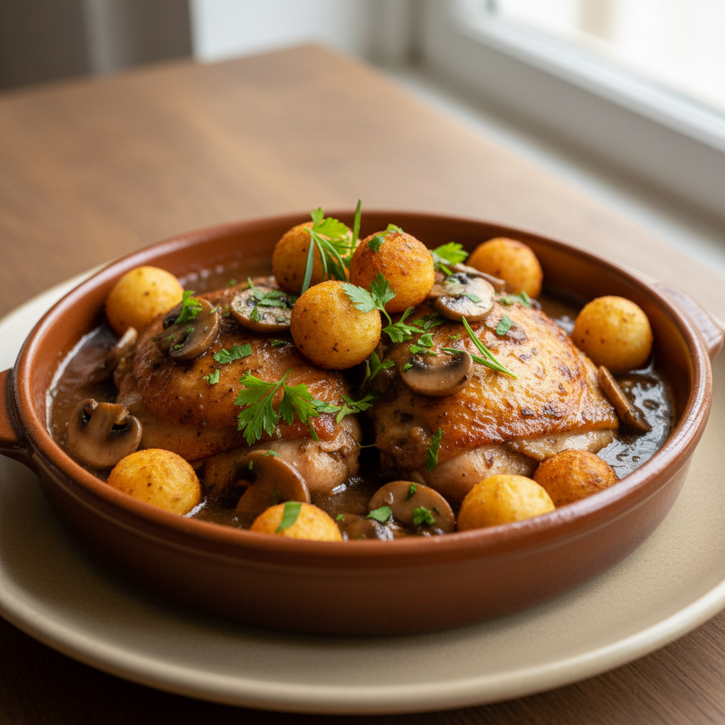 Poulet chasseur, pommes noisettes