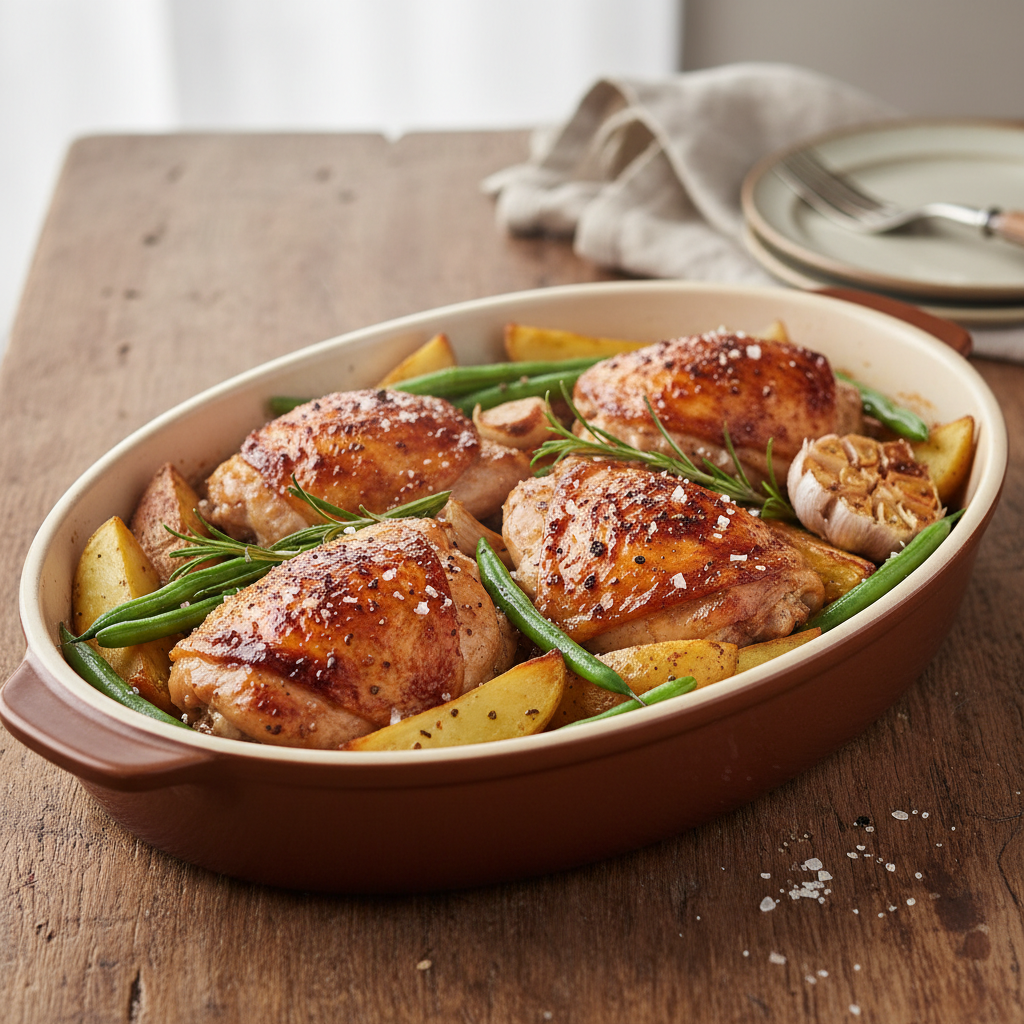 Poulet, pommes de terre et haricots verts