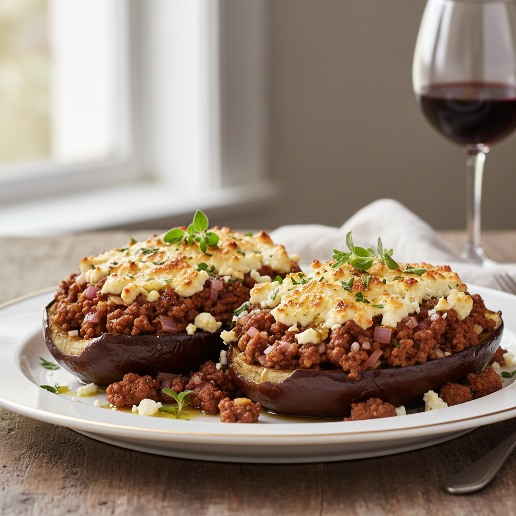 Aubergines farcies au boeuf & feta