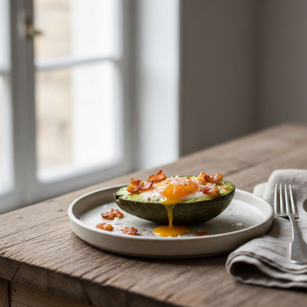 Avocat au four farci à l’oeuf & bacon