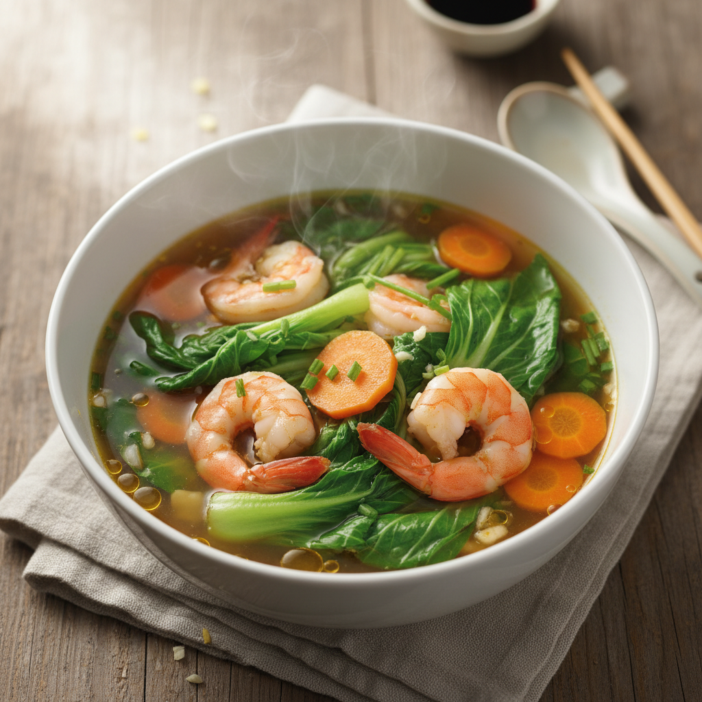 Bouillon asiatique au pak choï & crevettes