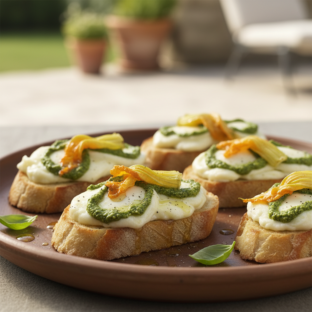 Bruschetta à la scamorza fumée et aux fleurs de courgette