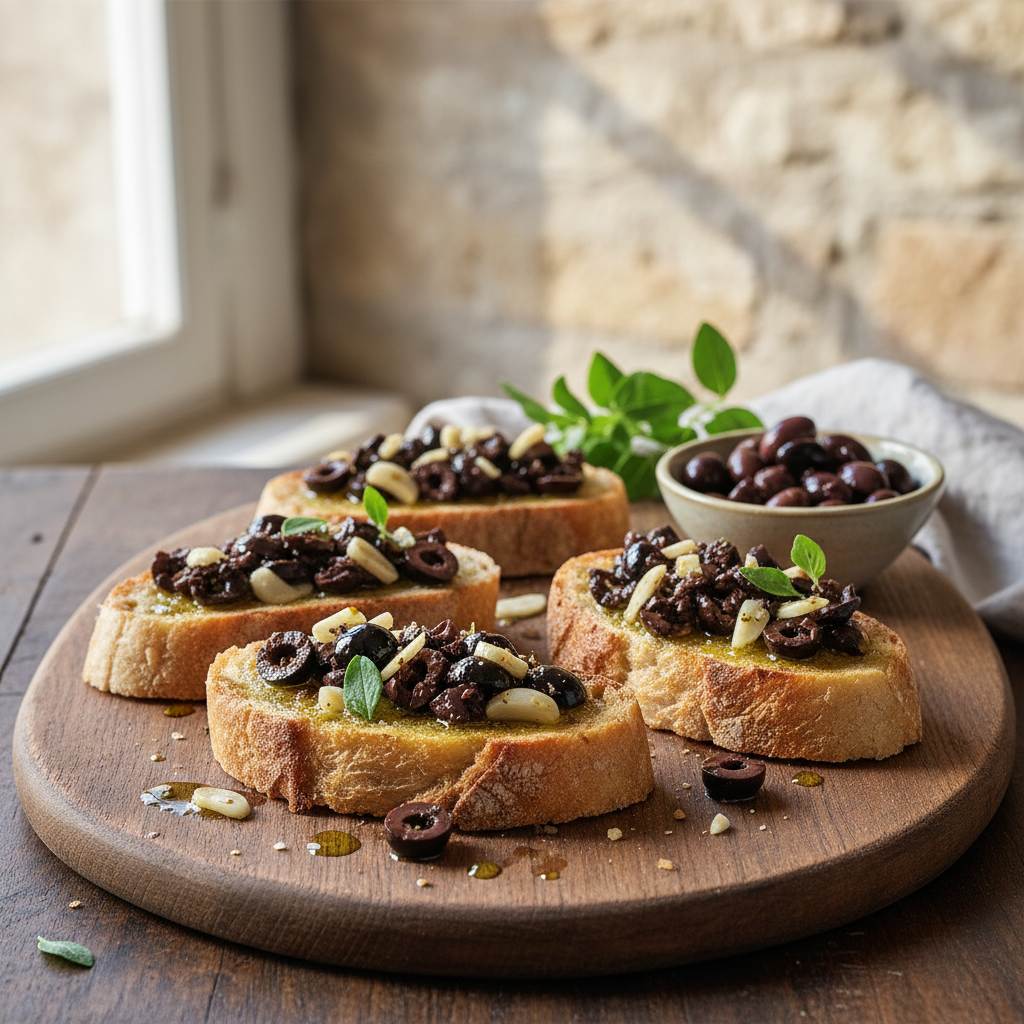 Bruschetta à l'ail, à l'huile d'olive et aux olives