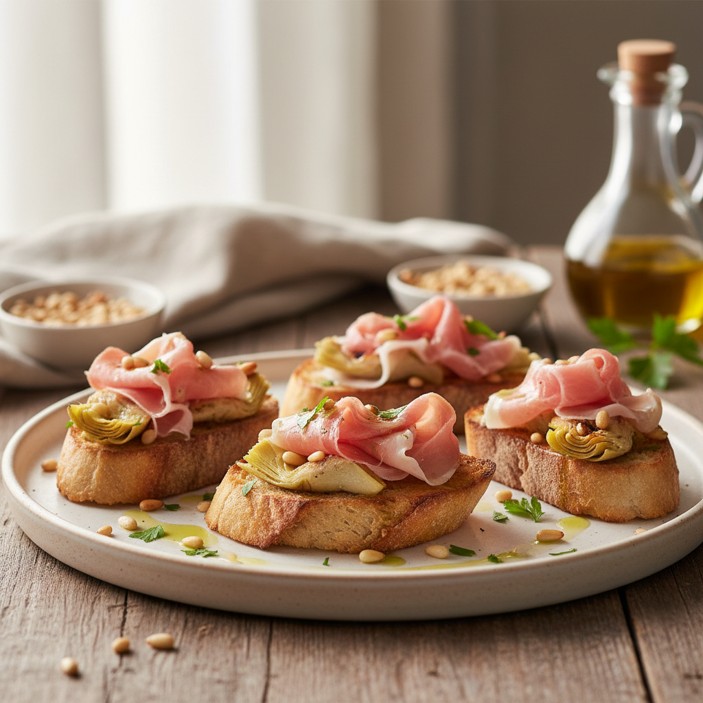 Bruschetta au jambon de San Daniele et aux artichauts grillés