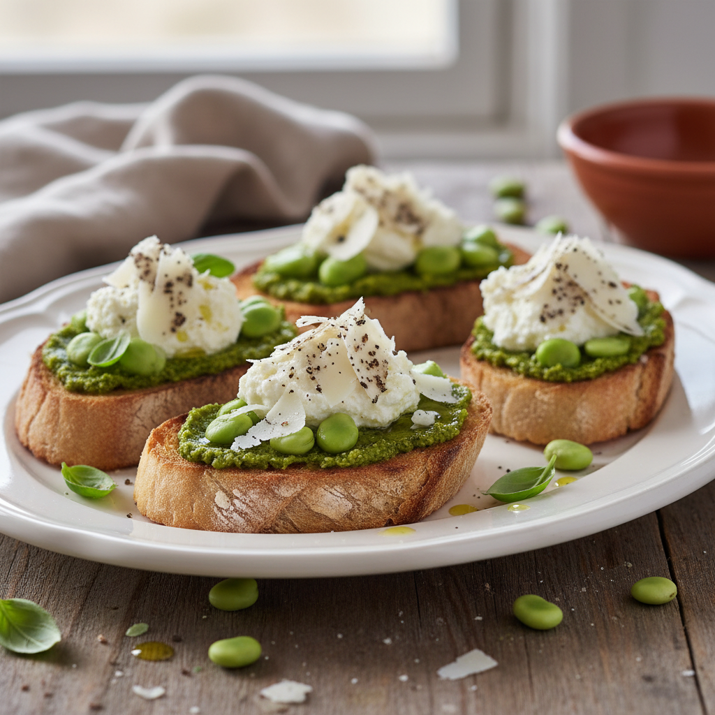 Bruschetta aux fèves, au pesto et au pecorino pepato