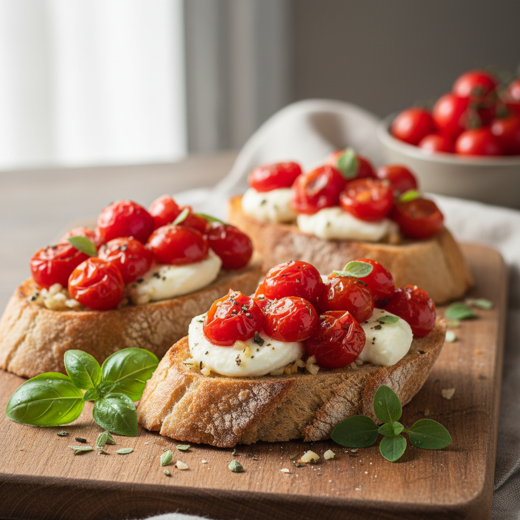 Bruschetta aux tomates cerises rôties & mozzarella