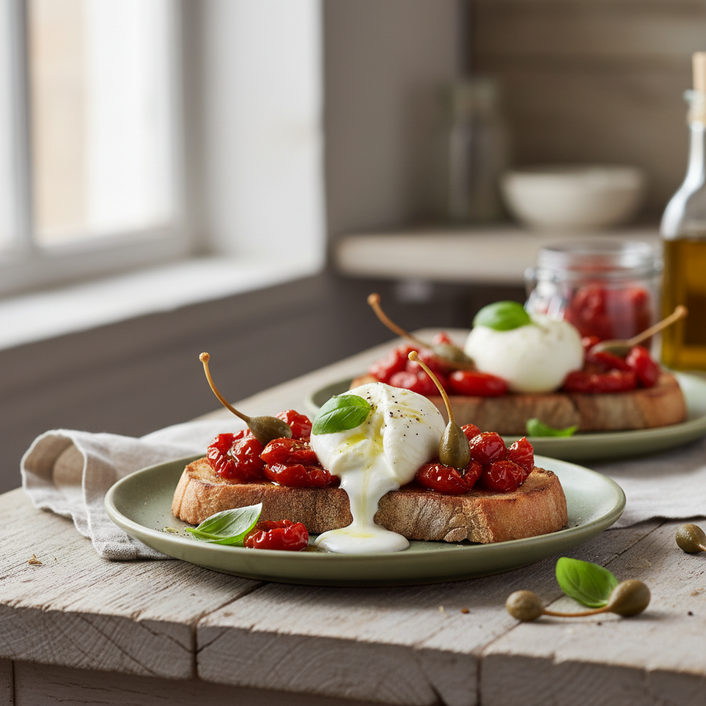 Bruschetta aux tomates confites et à la burrata
