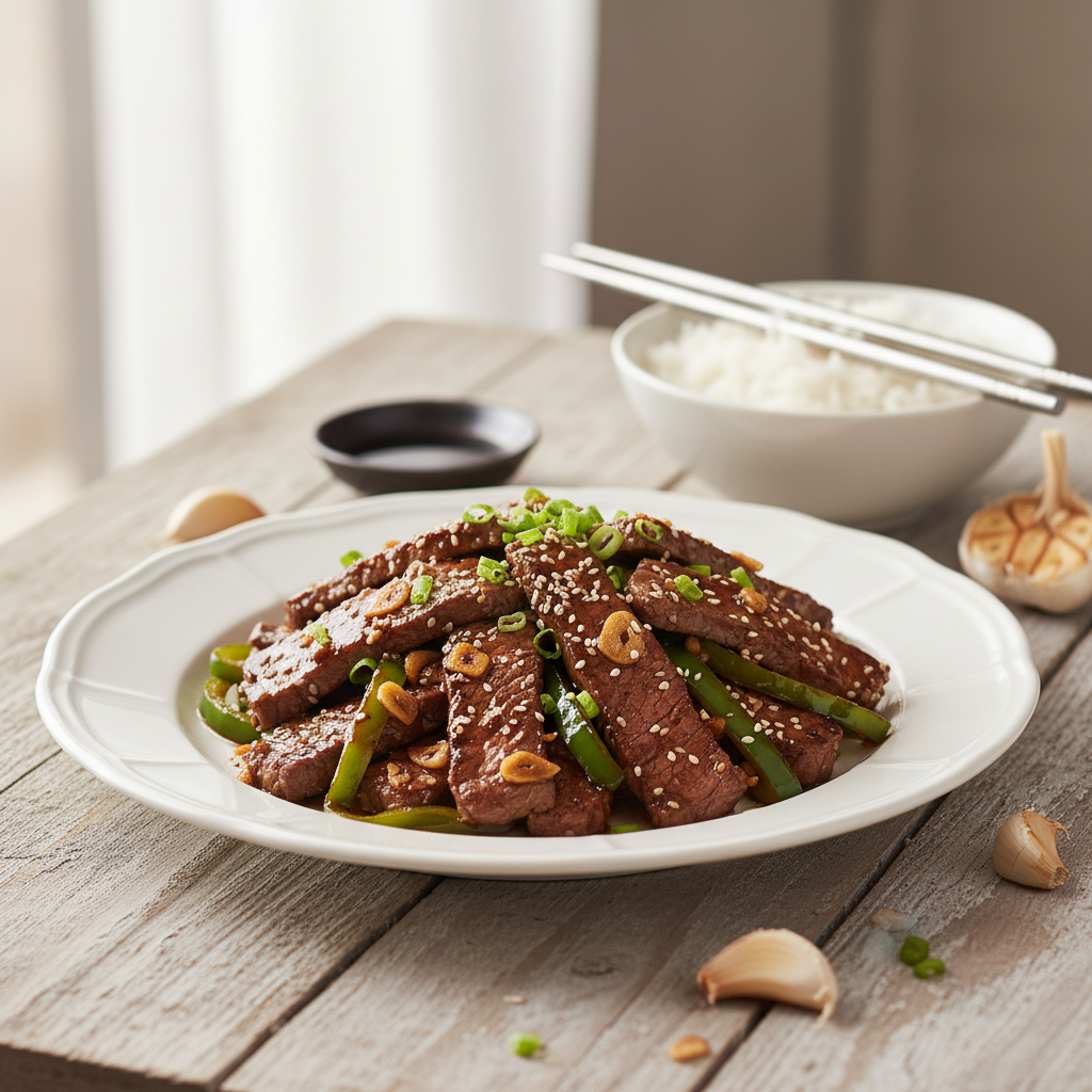 Boeuf à l'ail sauté aux graines de sésame et sauce de soja