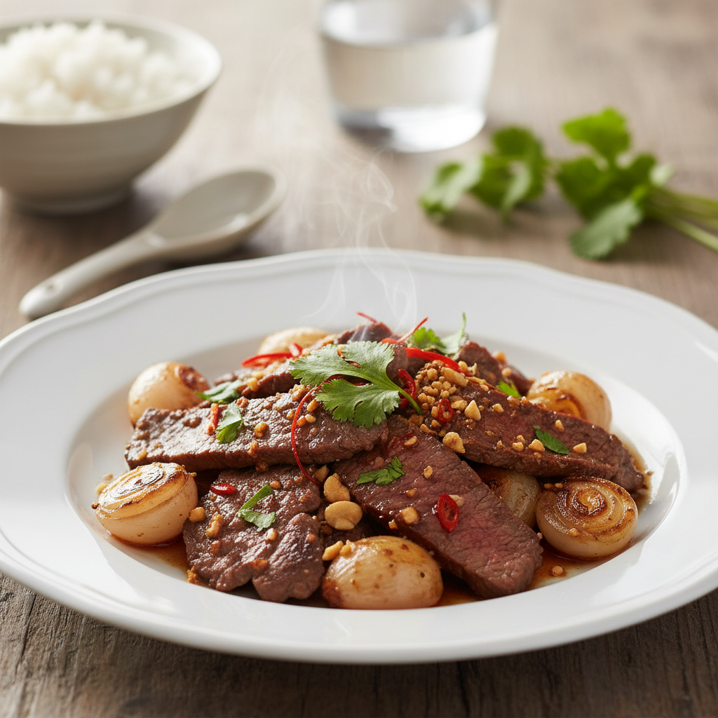 Boeuf sauté aux petits oignons et au sucre de palme