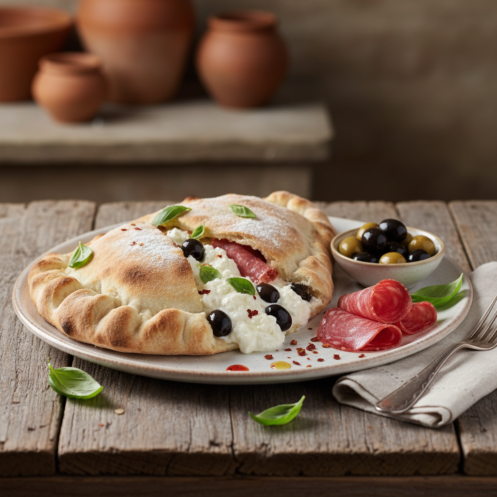 Calzone ricotta et provola de bufflonne, saucisson napoli, olives
