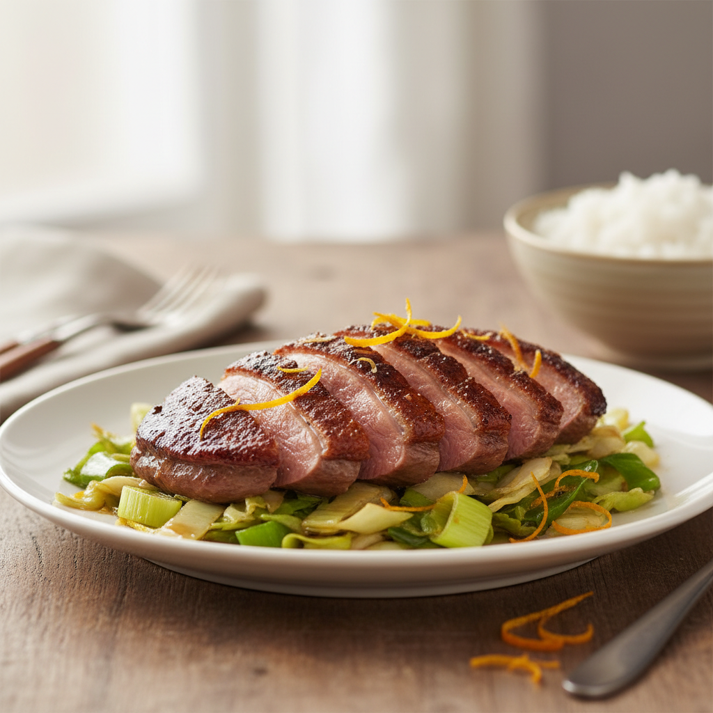 Canard à la sauce hoisin aux poireaux et au chou sauté