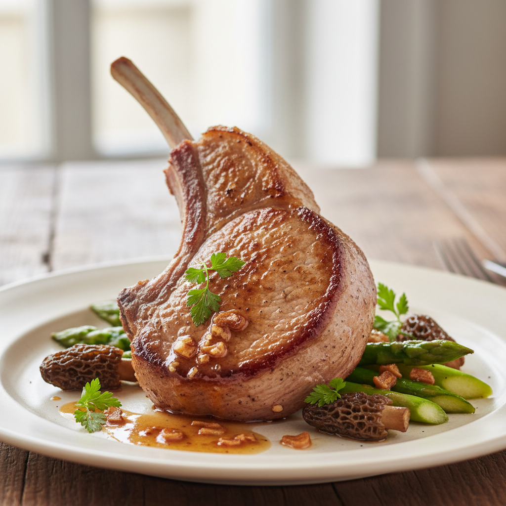 Côte de veau de lait poêlée aux asperges, morilles et cerfeuil